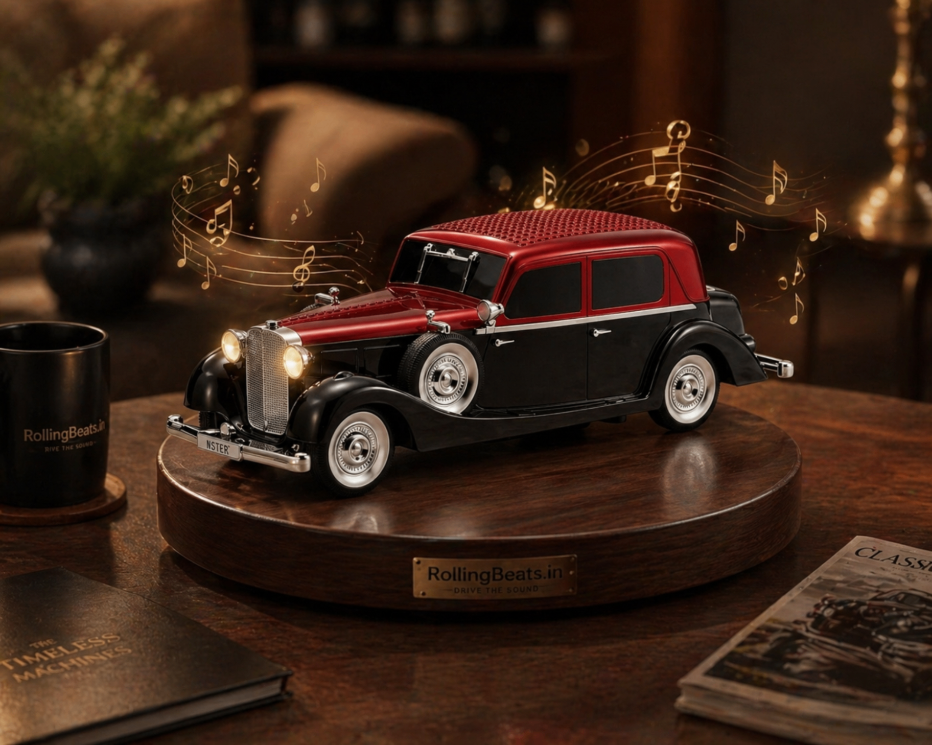 The Vintage Sedan — premium vintage car Bluetooth speaker styled as a coffee table centerpiece